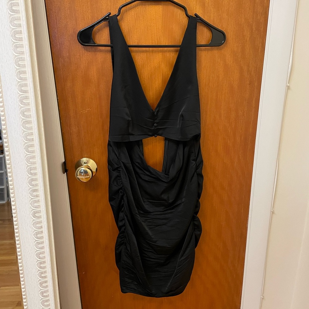 Zara black satin dress with front cutout - M